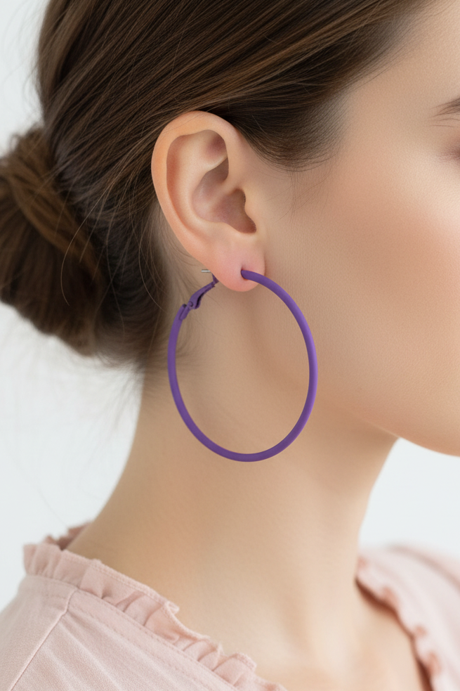 Model wearing purple enamel skinny hoop earring - Lilylin Designs 