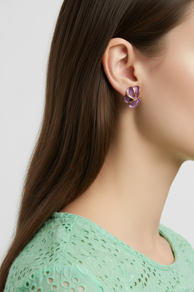 Model wearing purple half flower with gold trim earring - Lilylin Designs