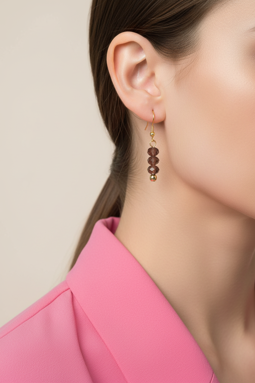 Model wearing purple faceted bead earring - Lilylin Designs