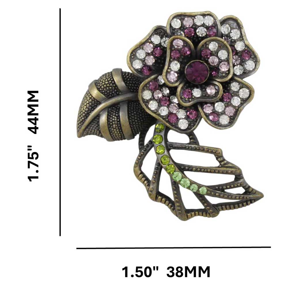 Dark Purple and Clear Crystals Flower Brooch Pin with measurements - Lilylin Designs