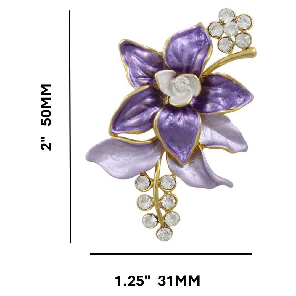 Purple and Lilac Enamel and Crystal Flower Brooch Pin with measurements - Lilylin Designs