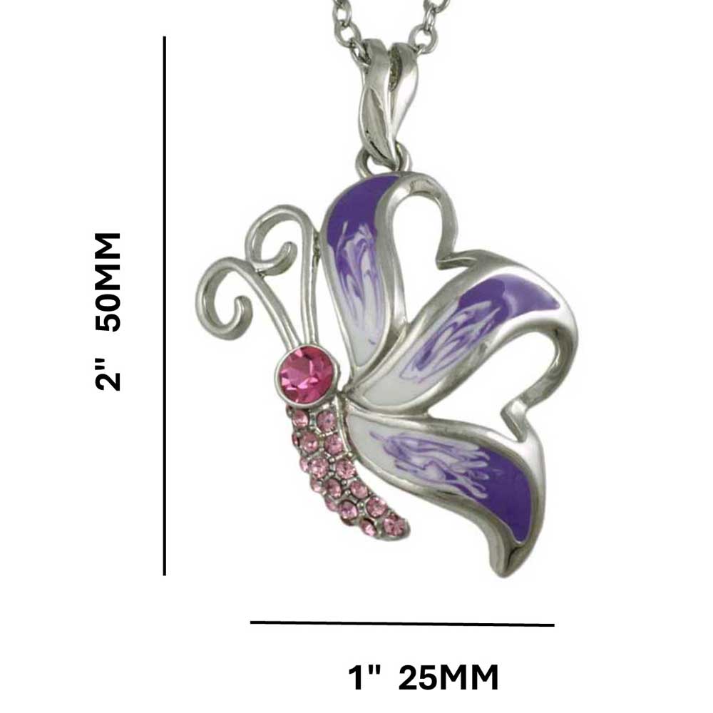 Purple and White Butterfly Pendant on Silver Chain with measurements - Lilylin Designs
