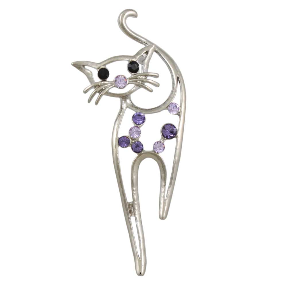 Purple Crystal Long Legged Cat Brooch Pin - Lilylin Designs