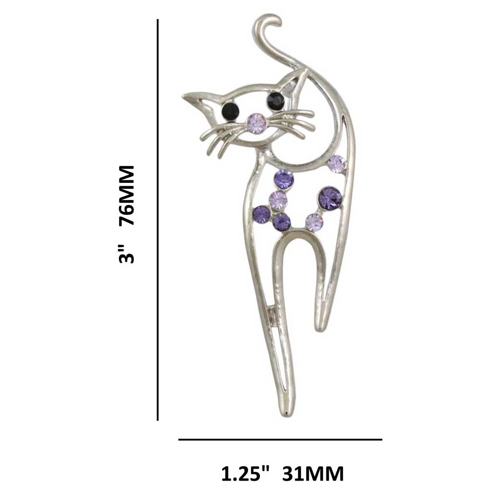 Purple Crystal Long Legged Cat Brooch Pin shown with measurements - Lilylin Designs