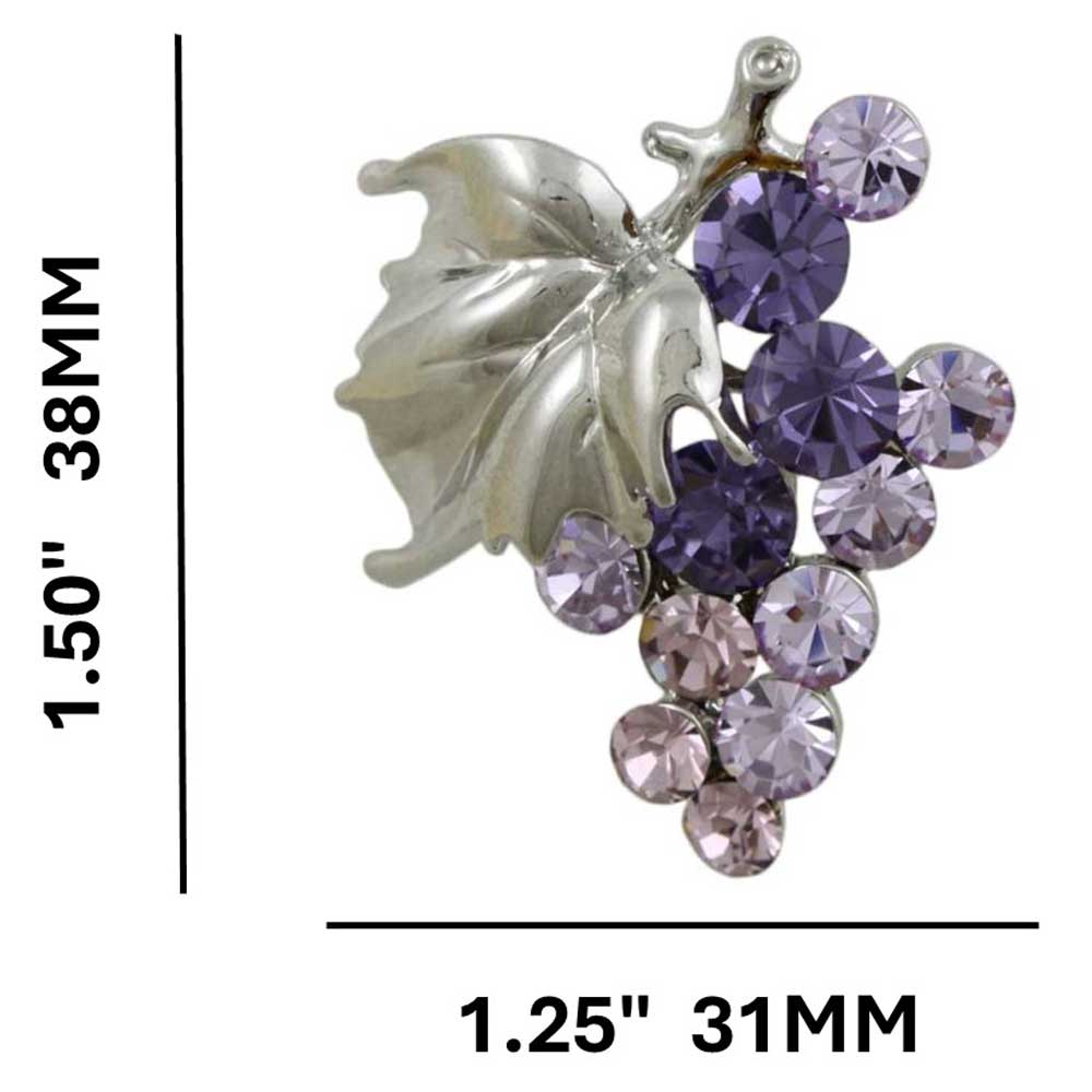 Purple Crystal Grapes with Silver Leaf Brooch Pin with measurements - Lilylin Designs