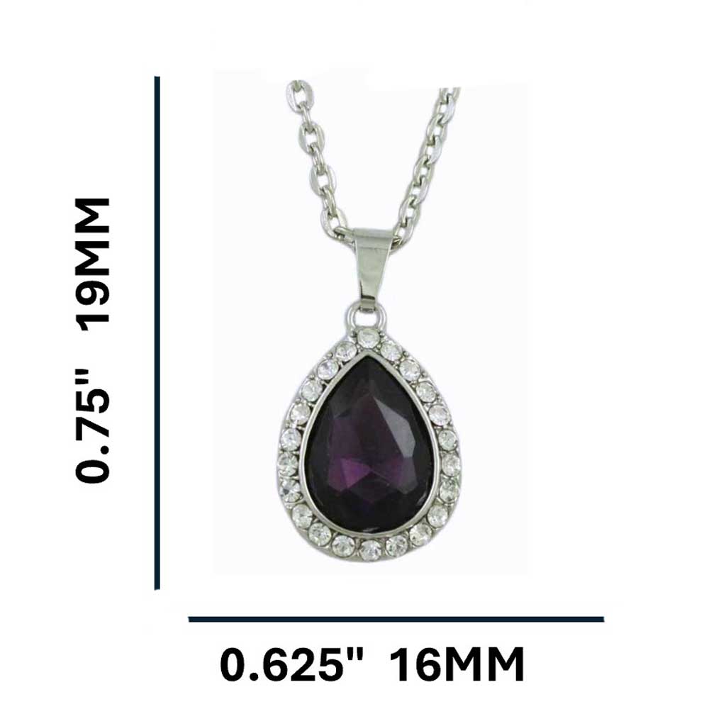 Necklace with a purple teardrop pendant and chain, showing measurements on a white background - Lilylin Designs