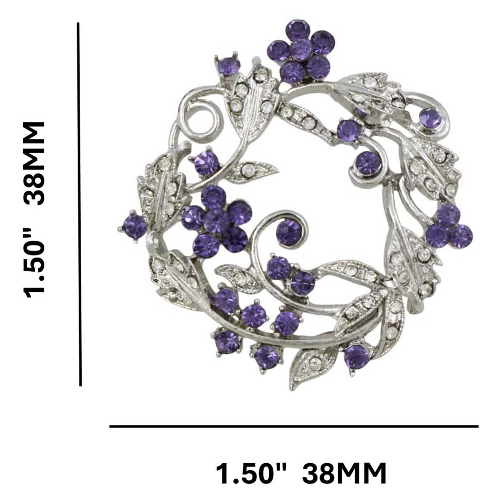 Purple Crystal Daisies Flower Wreath Brooch Pin with measurements - Lilylin Designs