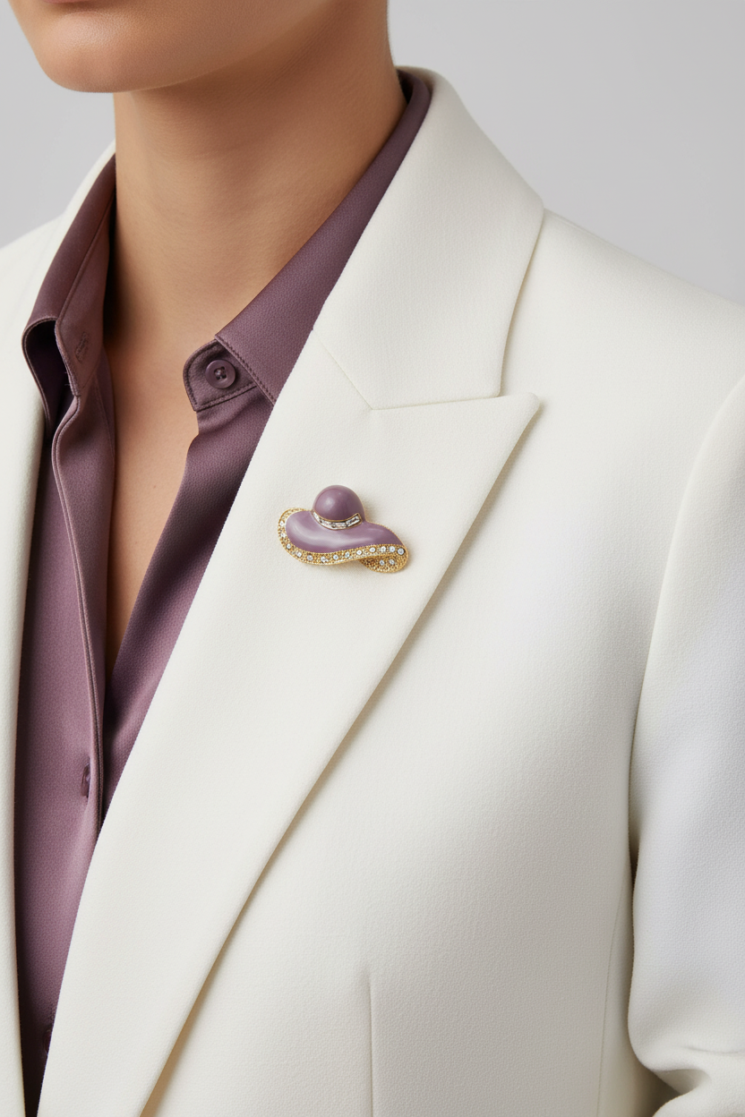 Model wearing enamel and crystal purple lady's hat pin on a white jacket - Lilylin Designs