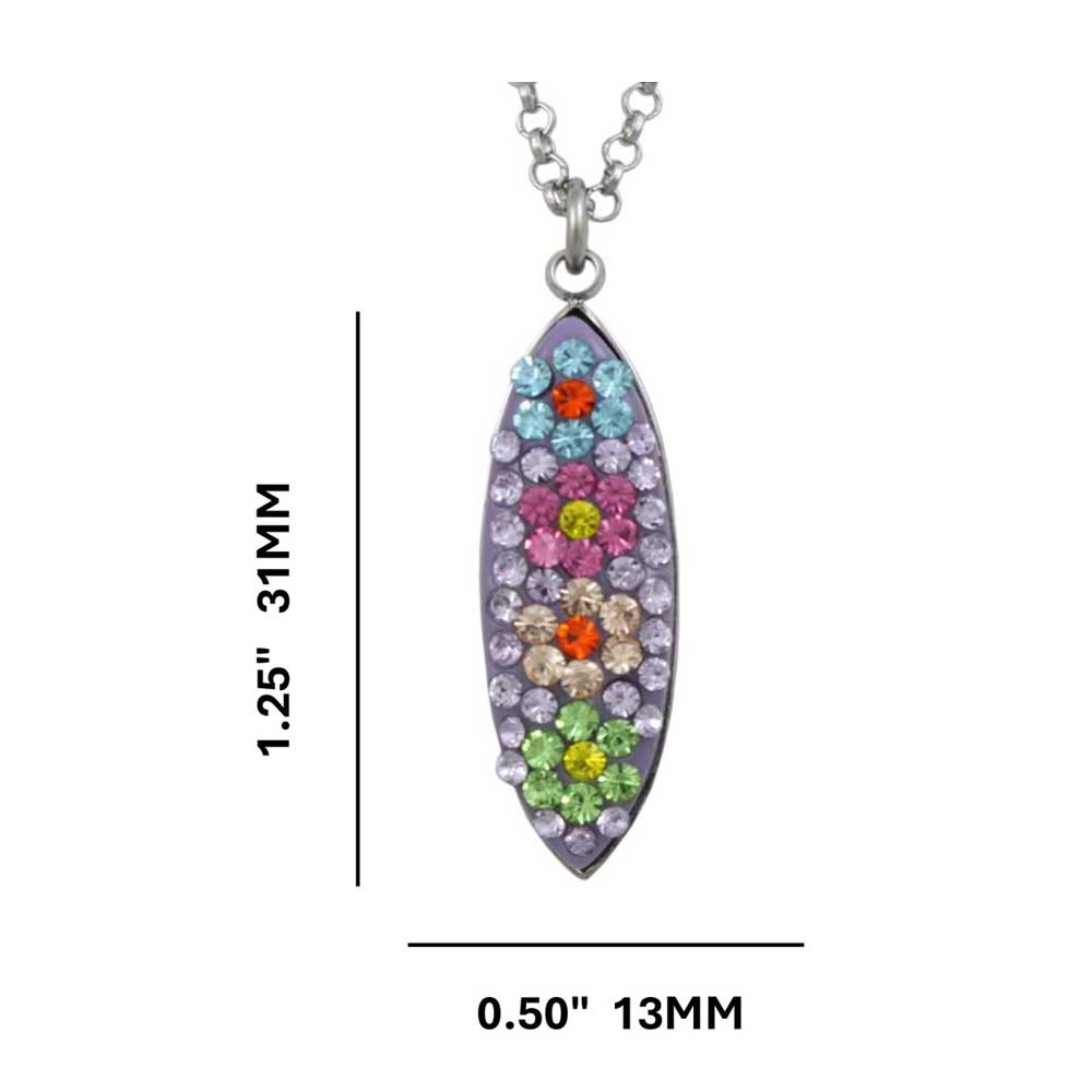 Purple Encrusted Crystal Flowers Pendant on Silver Chain with measurements - Lilylin Designs