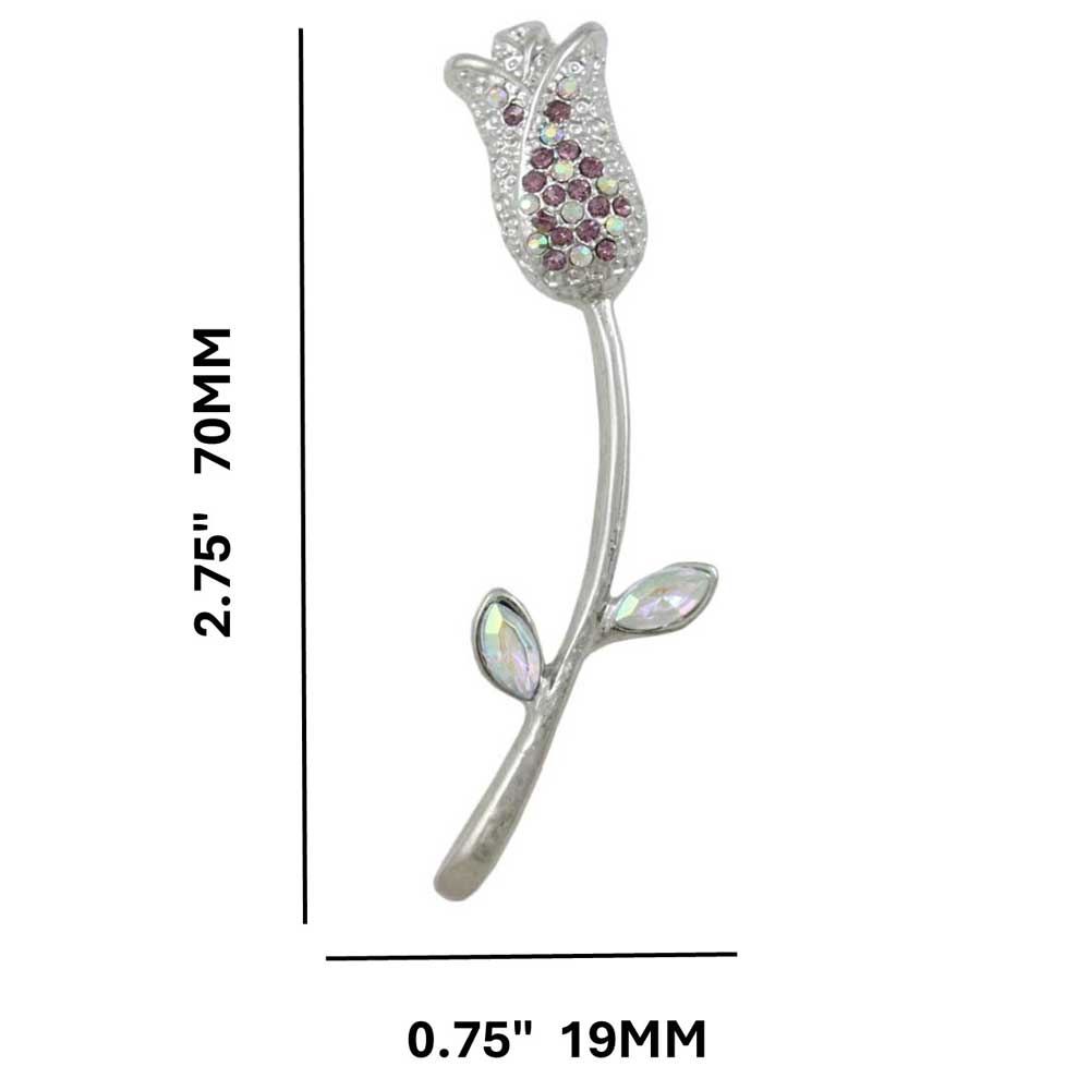 Purple Crystal Long Stem Rose Bud Brooch Pin with measurements - Lilylin Designs