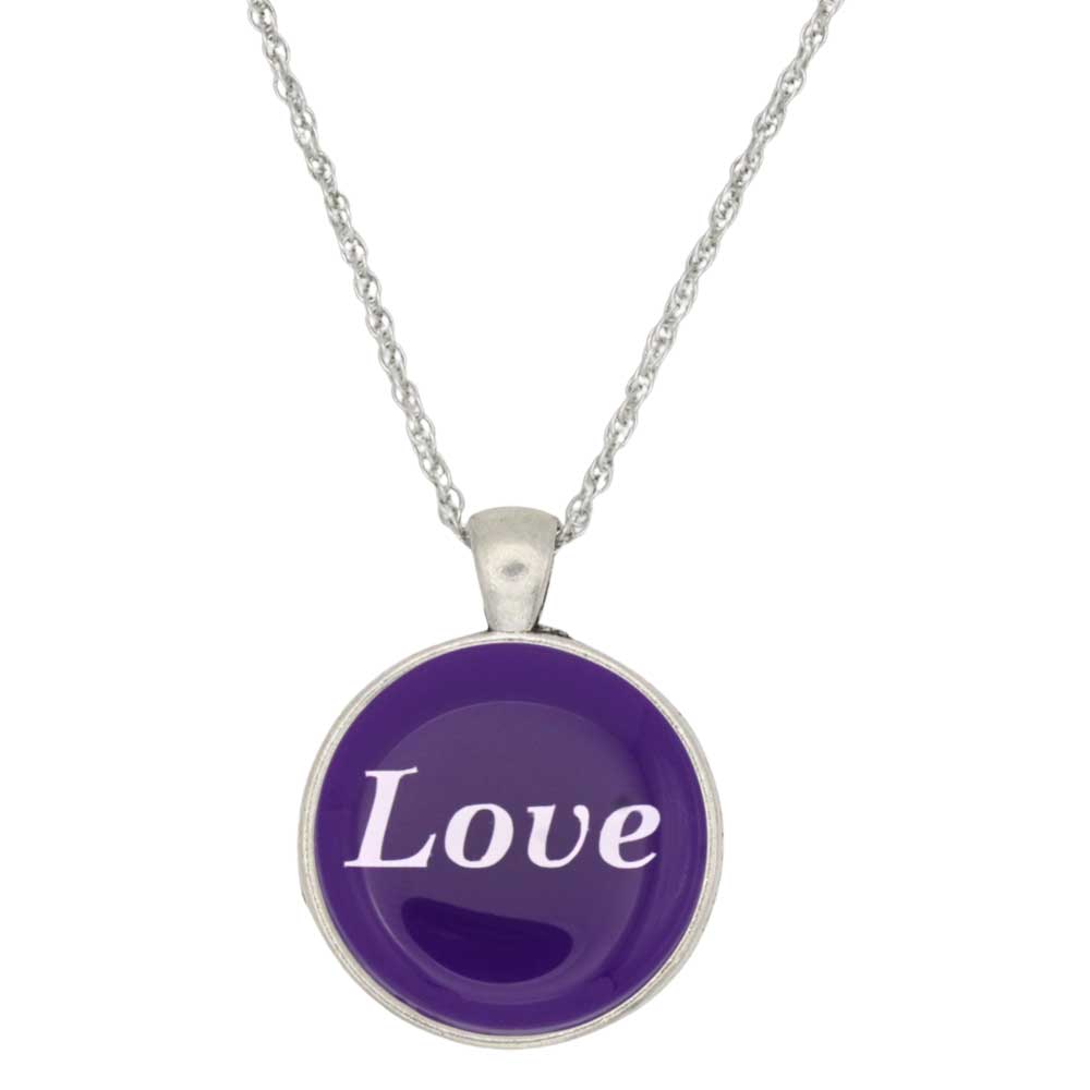 A silver chain necklace with a round pendant featuring a deep purple background and the word 'Love' written in white script, set against a plain white background - Lilylin Designs
