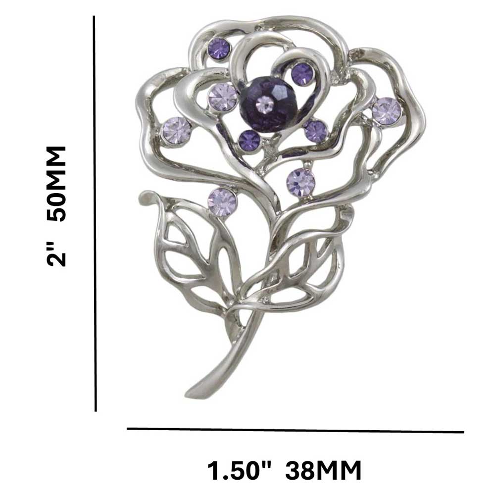 Open Rose with Purple Bead Flower Brooch Pin with measurements - Lilylin Designs