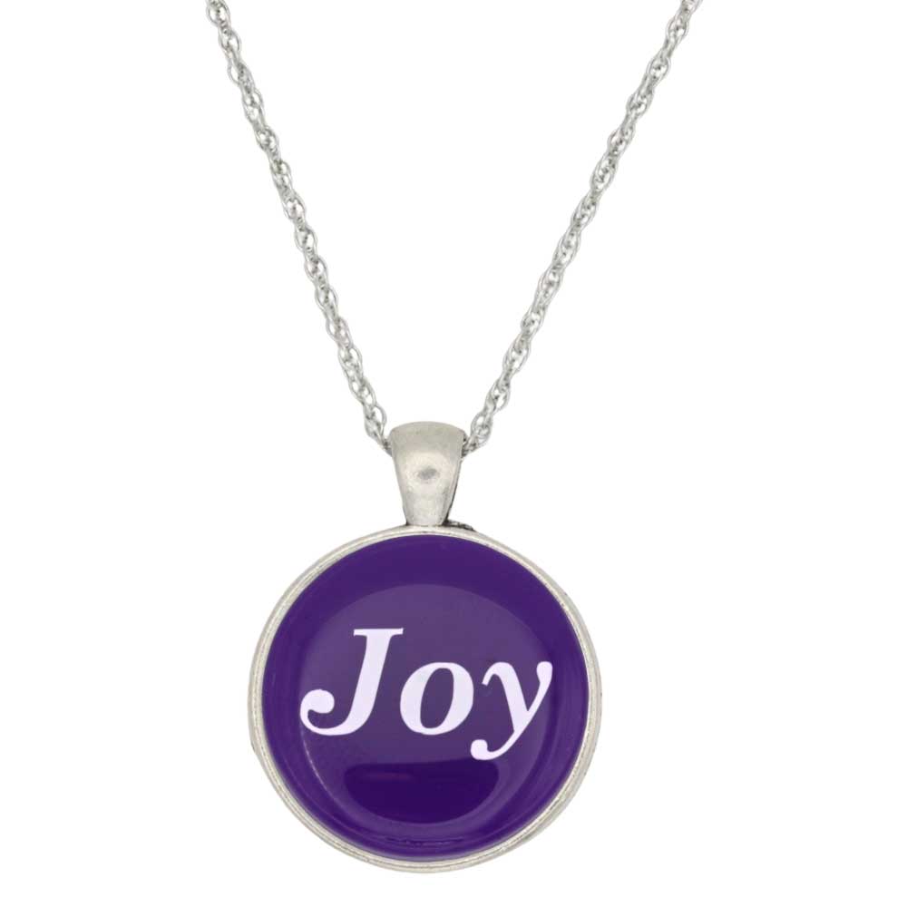 A silver chain necklace with a round purple pendant featuring the word 'Joy' in white script, shown on a plain white background - Lilylin Designs