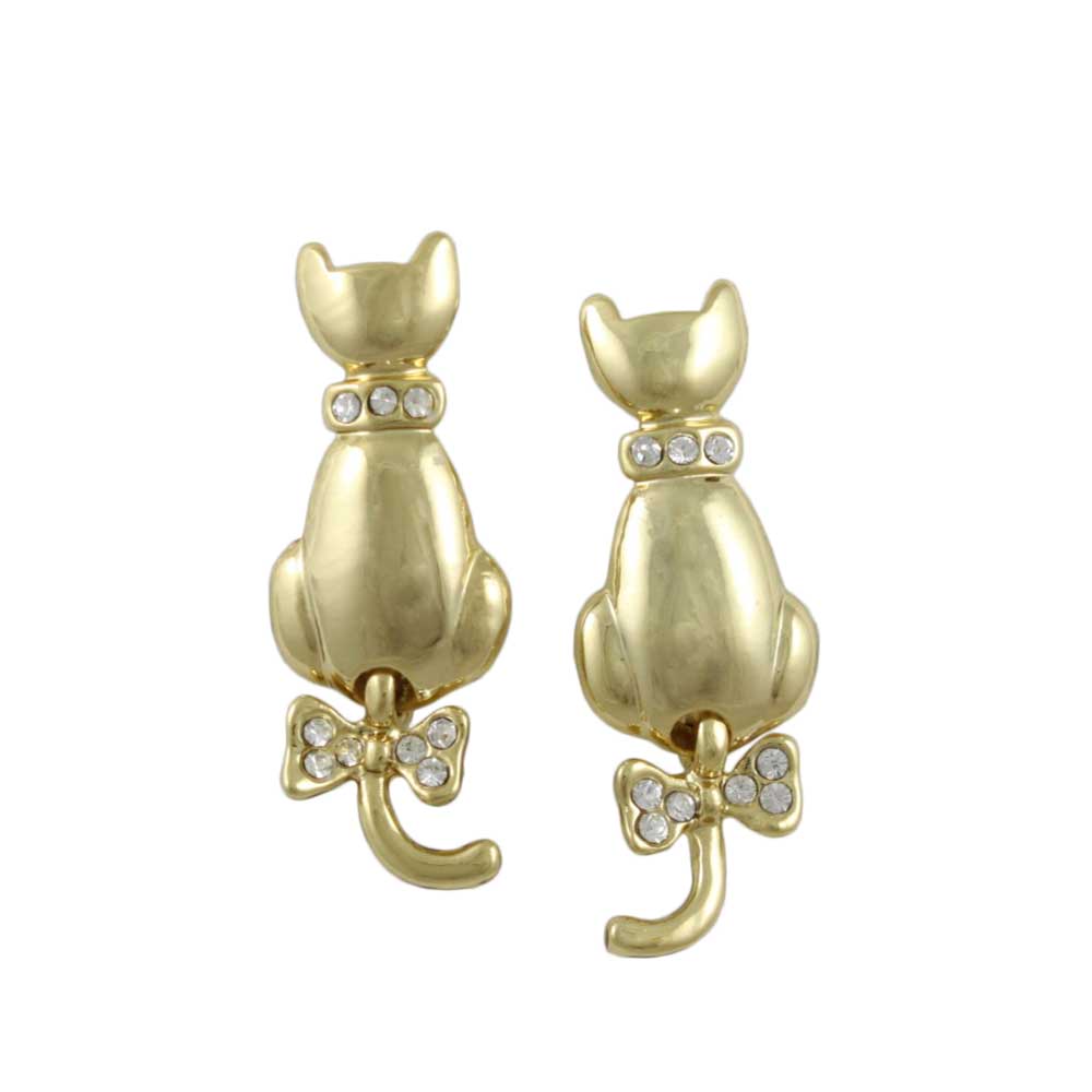 Gold Cat with Crystal Collar Pierced Earring - RAP111E - Lilylin Designs