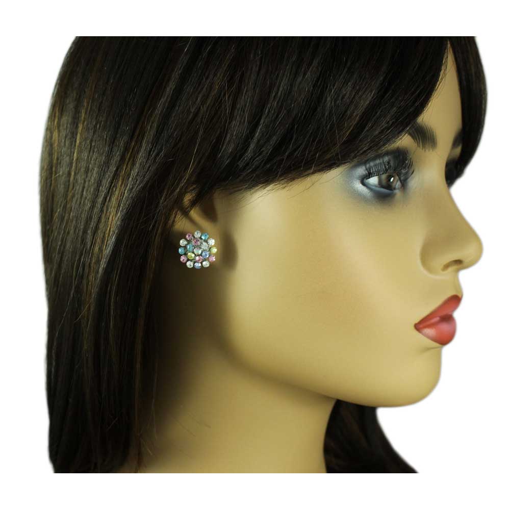 Pink Blue and Yellow Pastel Crystal Spray Clip Earring - REC131C - Lilylin Designs