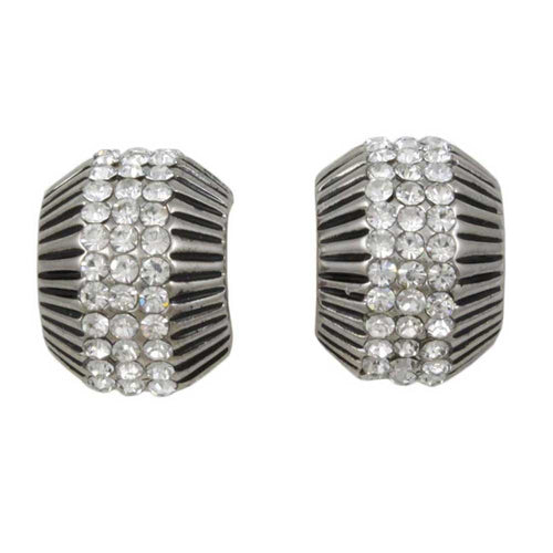 Black and Silver Stripes with Crystals Clip Earring - REC138C - Lilylin Designs