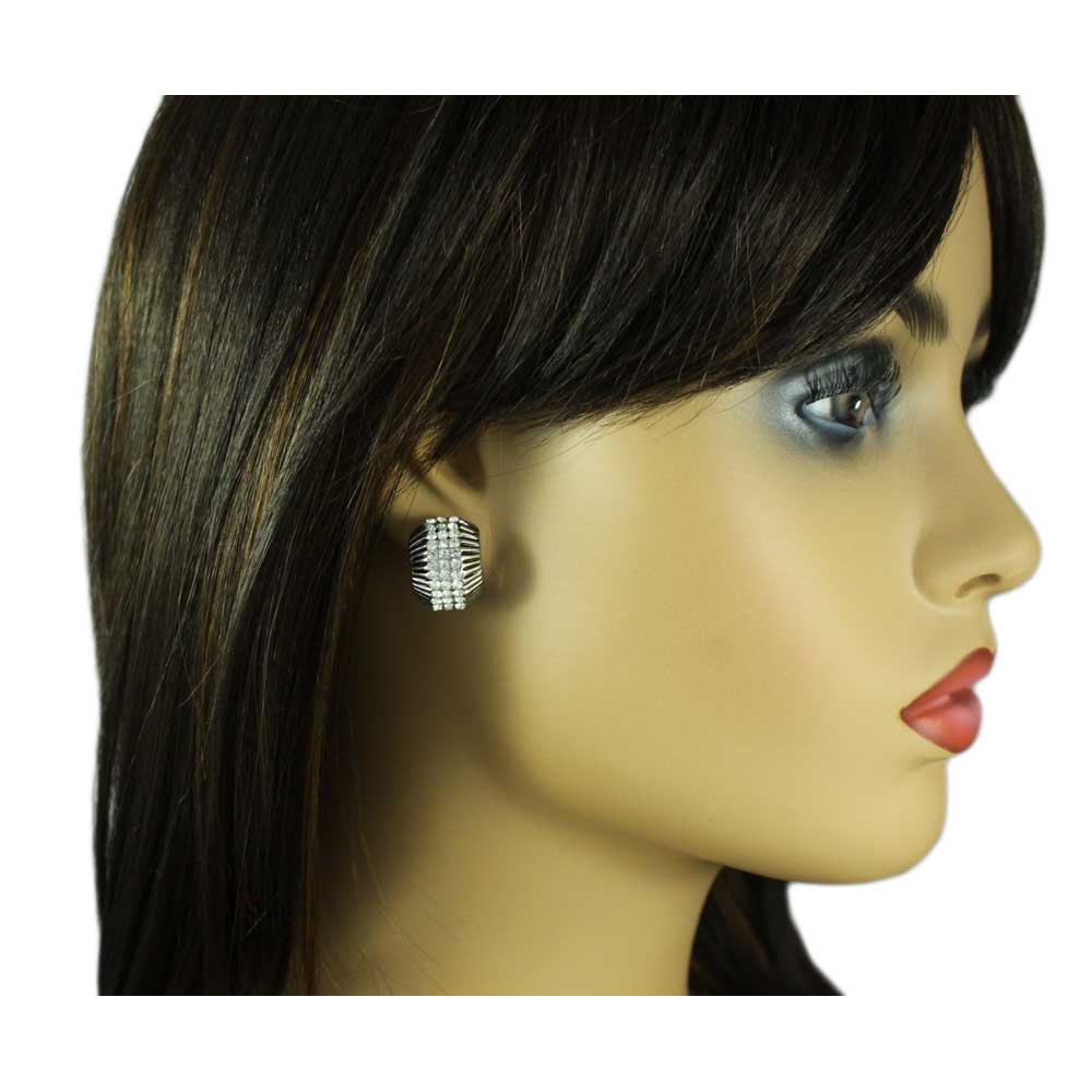 Black and Silver Stripes with Crystals Clip Earring - REC138C - Lilylin Designs