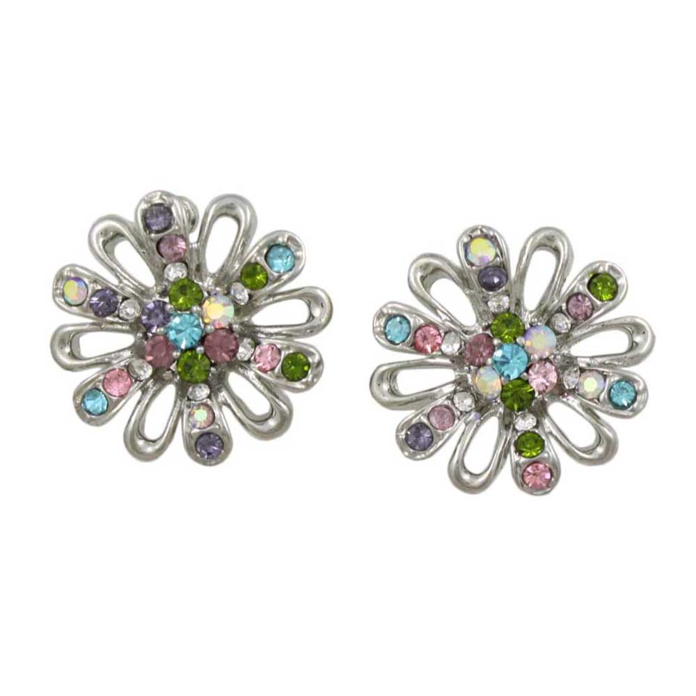 Flower with Assorted Crystals Stud Pierced Earring - REC402 - Lilylin Designs