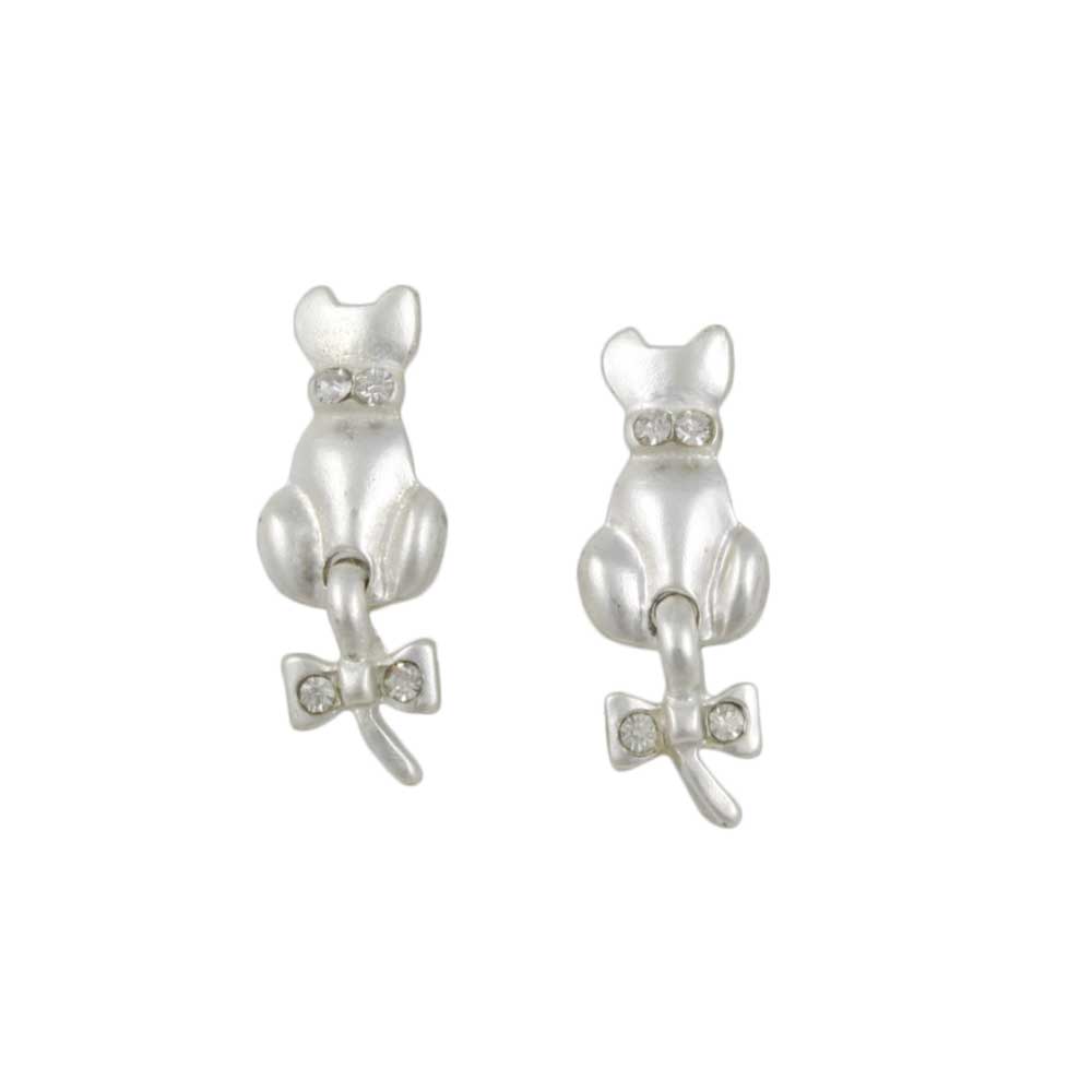 Frosted Silver - tone Cat with Crystal Bow on Tail Pierced Earring - REC409 - Lilylin Designs