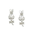 Frosted Silver - tone Cat with Crystal Bow on Tail Pierced Earring - REC409 - Lilylin Designs