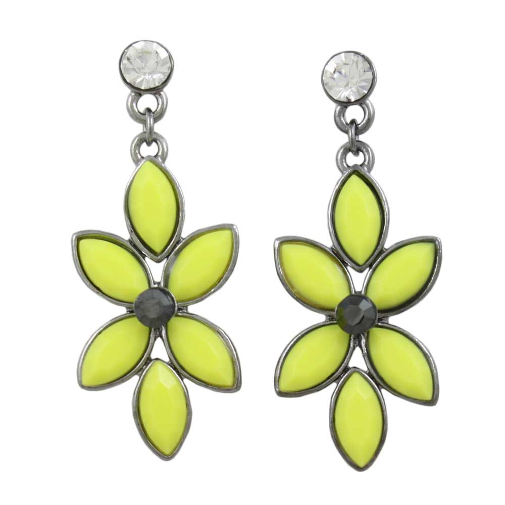 Yellow Flower with Gray Crystal Dangling Pierced Earring - REC413 - Lilylin Designs
