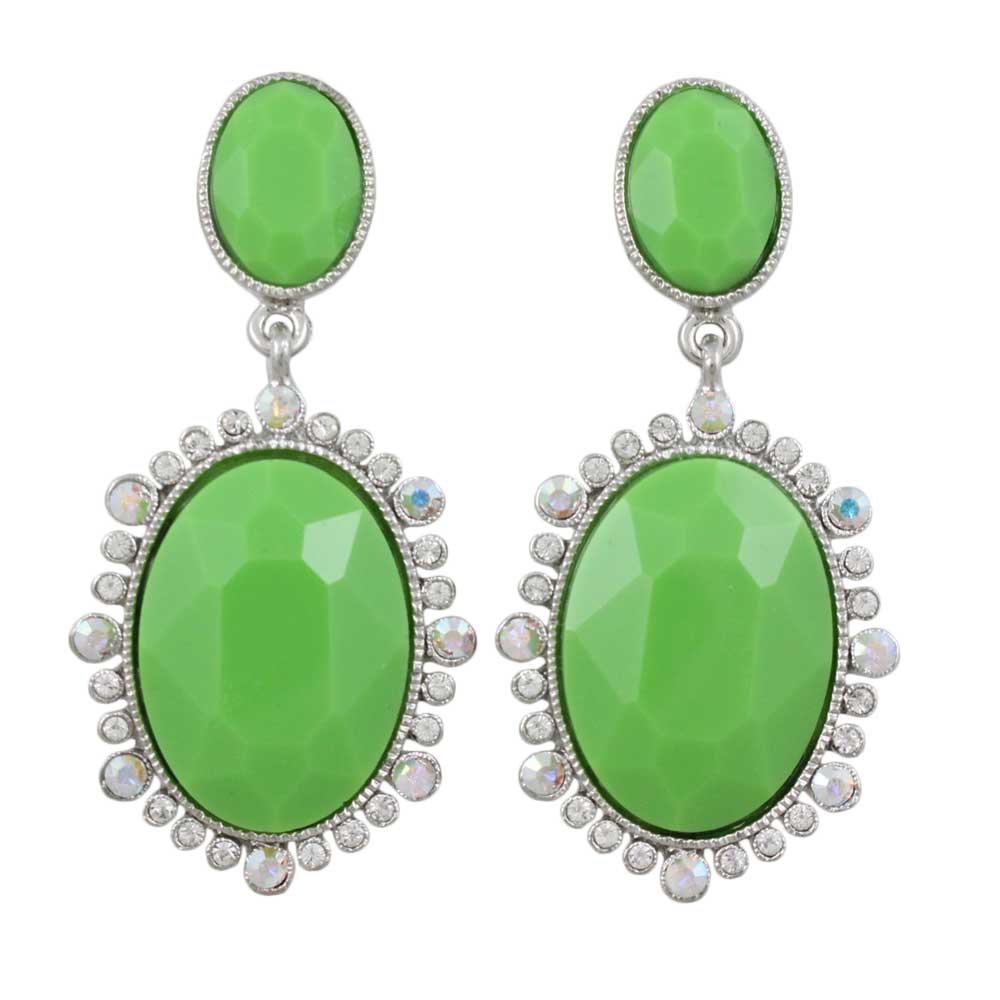 Lime Green Ovals with Crystals Dangling Pierced Earring - REC414 - Lilylin Designs