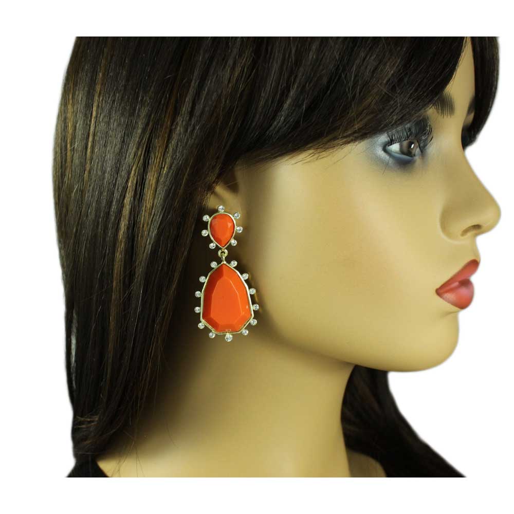 Orange Triangle with Clear Crystals Clip Earring - REC415C - Lilylin Designs