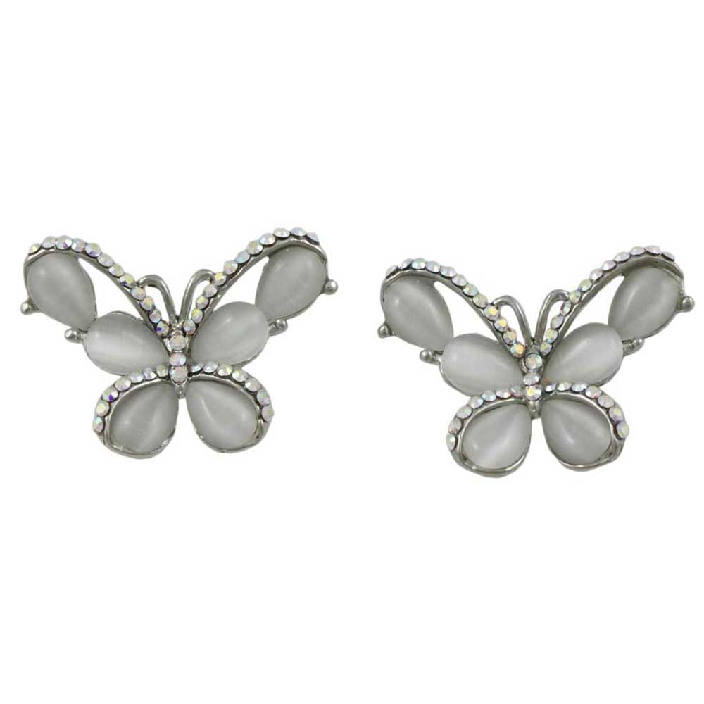 Gray Cats Eye Butterfly Edged with Crystals Pierced Earring - REC418 - Lilylin Designs