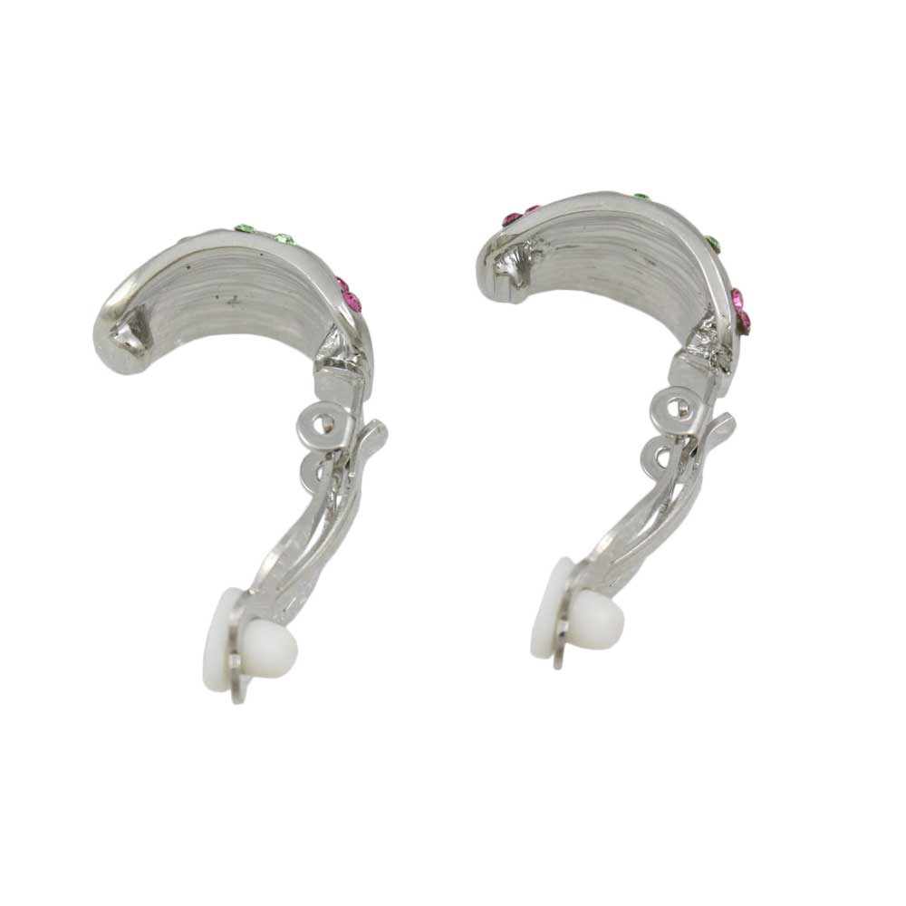 Matte Silver Pink and Light Green Flower Clip Earring - REC419 - Lilylin Designs