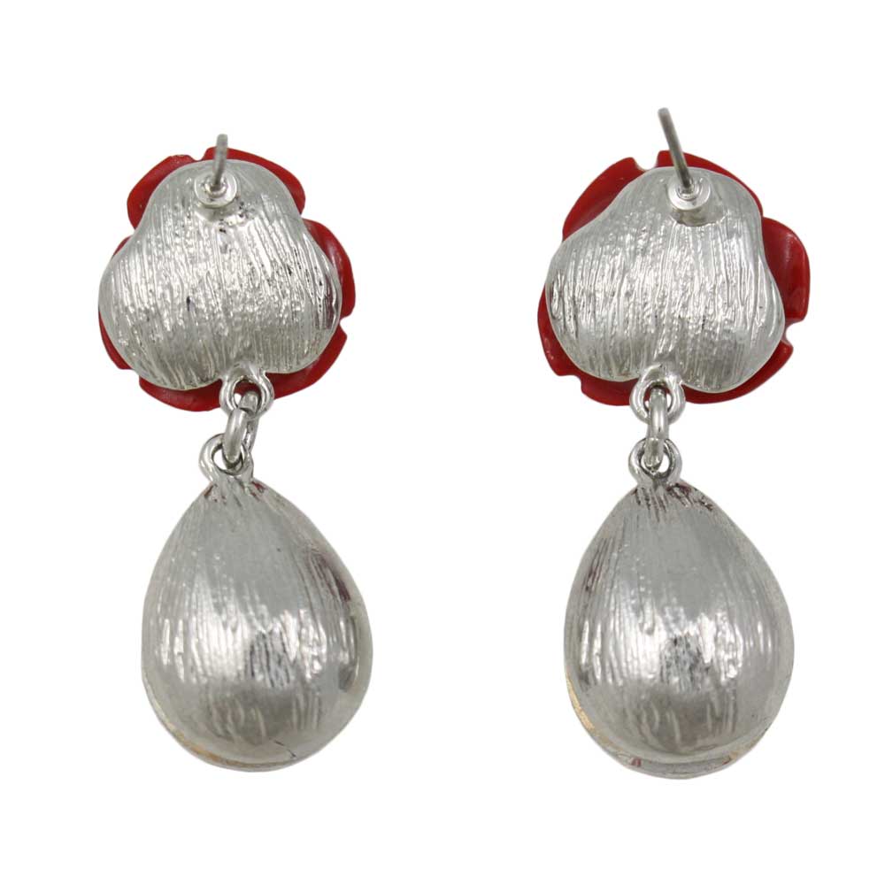 Red Rose with Aurora Borealis Teardrop Pierced Earring - REC420 - Lilylin Designs