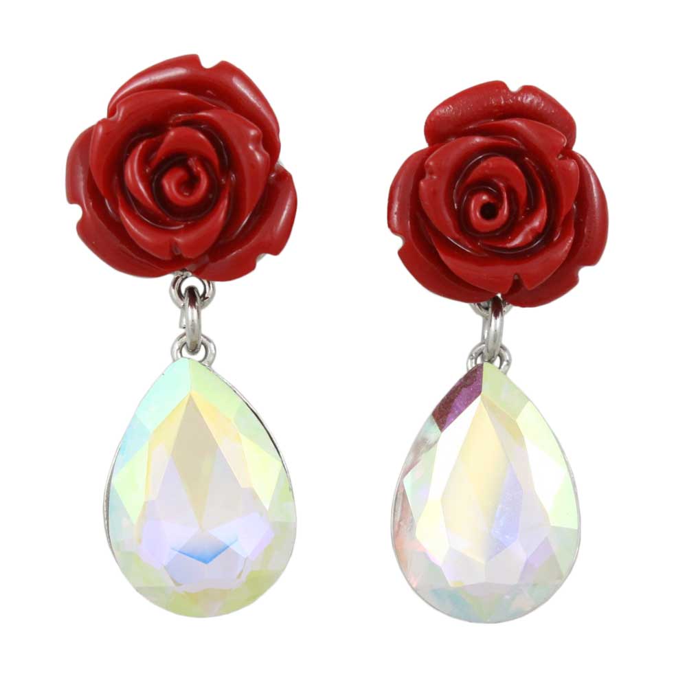 Red Rose with Aurora Borealis Teardrop Pierced Earring - REC420 - Lilylin Designs