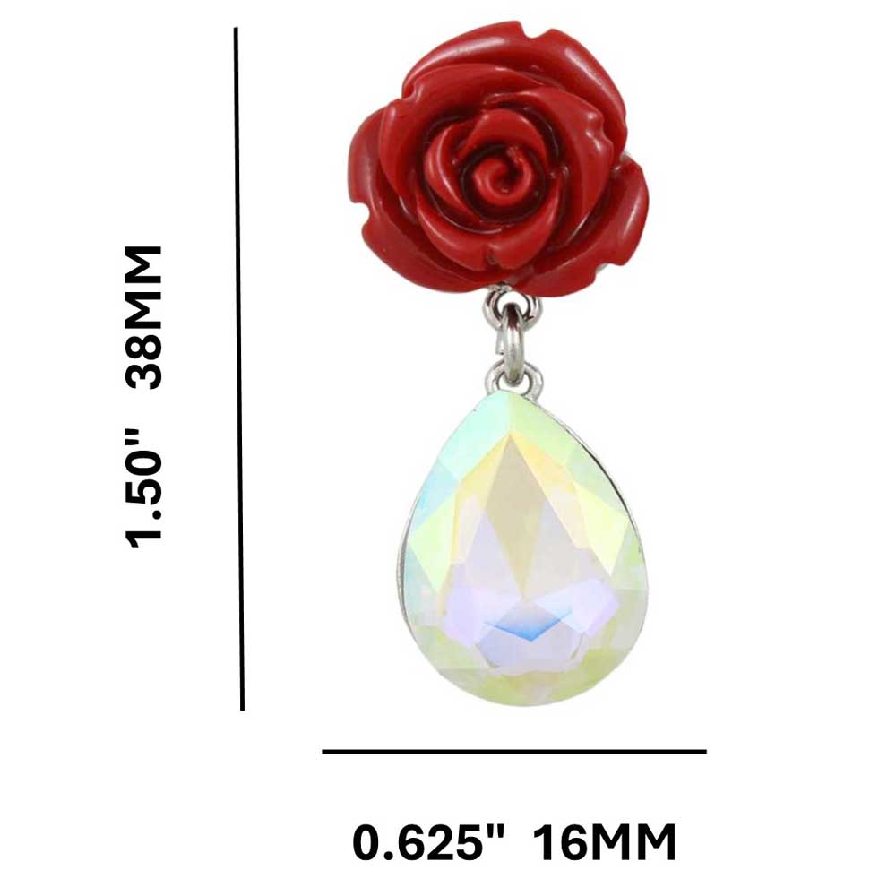 Red Rose with Aurora Borealis Teardrop Pierced Earring - REC420 - Lilylin Designs