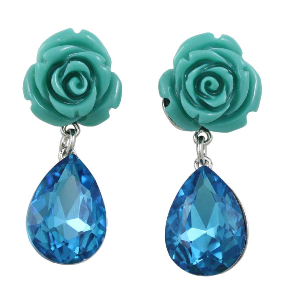 Blue Rose with Dangling Blue Teardrop Pierced Earring - REC421 - Lilylin Designs