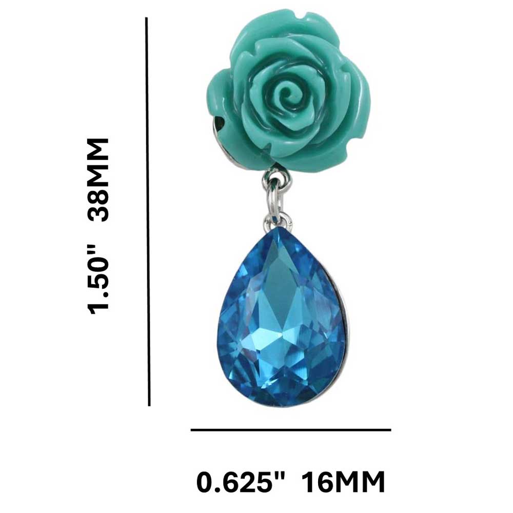 Blue Rose with Dangling Blue Teardrop Pierced Earring - REC421 - Lilylin Designs