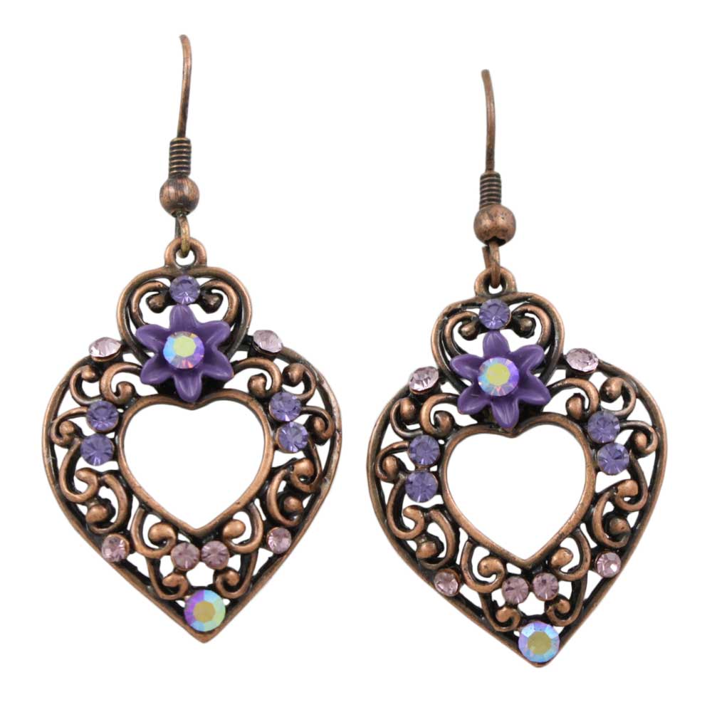 Copper Heart with Purple Flowers Dangling Earring - REC522 - Lilylin Designs