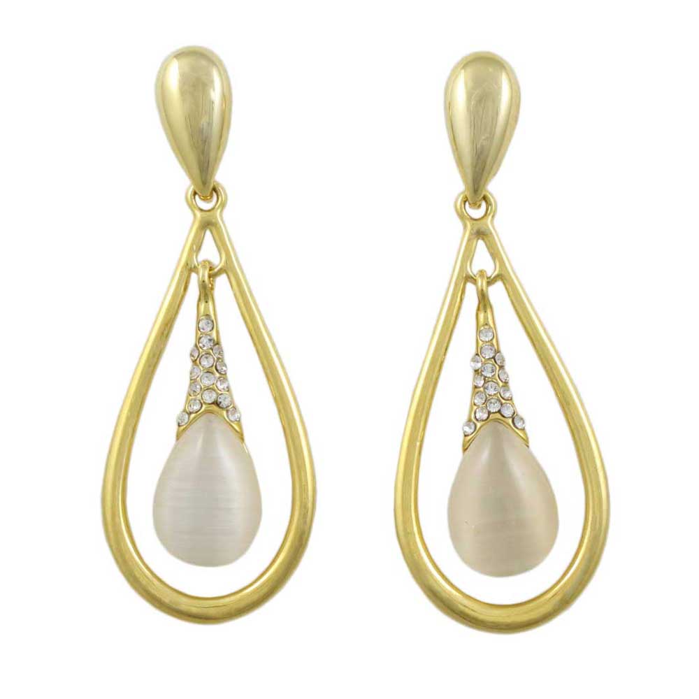 Cream Cats Eye and Crystal Teardrop Dangle Earring - REC551 - Lilylin Designs