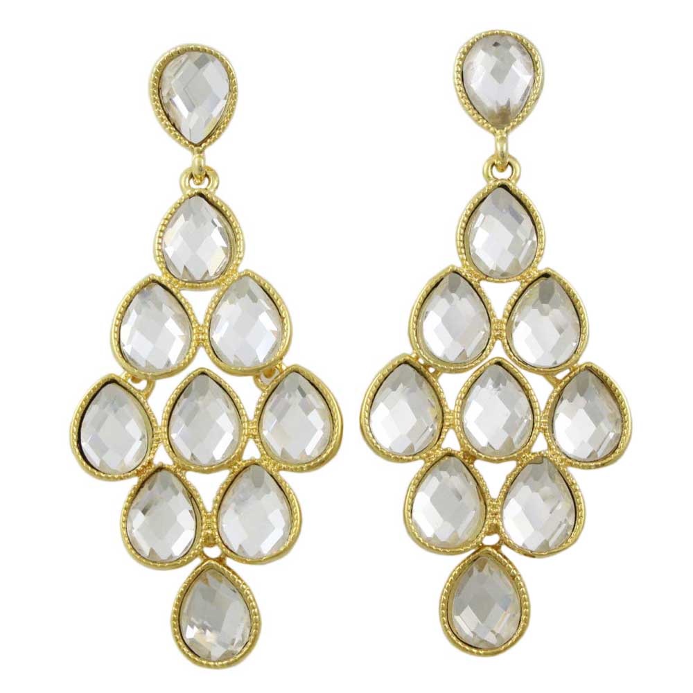 Gold with Dangling Clear Teardrops Pierced Earring - REC553 - Lilylin Designs