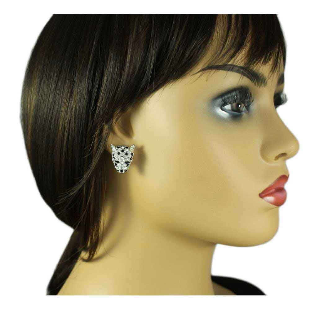Crystal Silver Leopard Head Pierced Earring - REC557S - Lilylin Designs