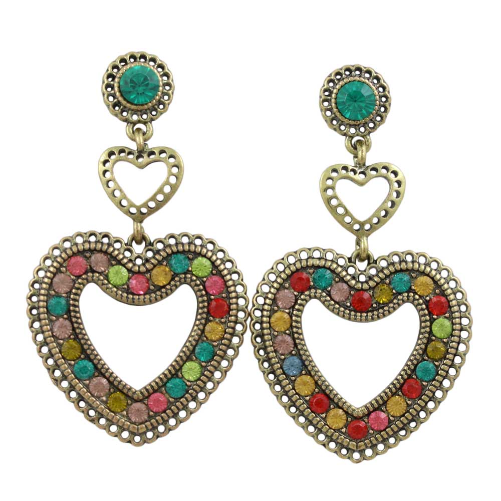 Large Colorful Crystals Heart Dangling Pierced Earring - REC558 - Lilylin Designs