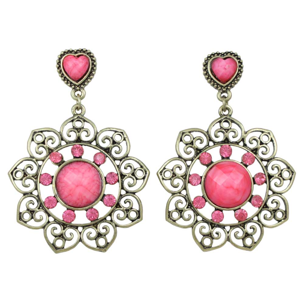 Large Hot Pink Filigree Flower Dangling Pierced Earring - REC559 - Lilylin Designs