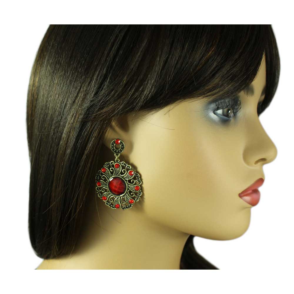 Antique Gold - tone Red Filigree Discs Pierced Earring - REC560 - Lilylin Designs