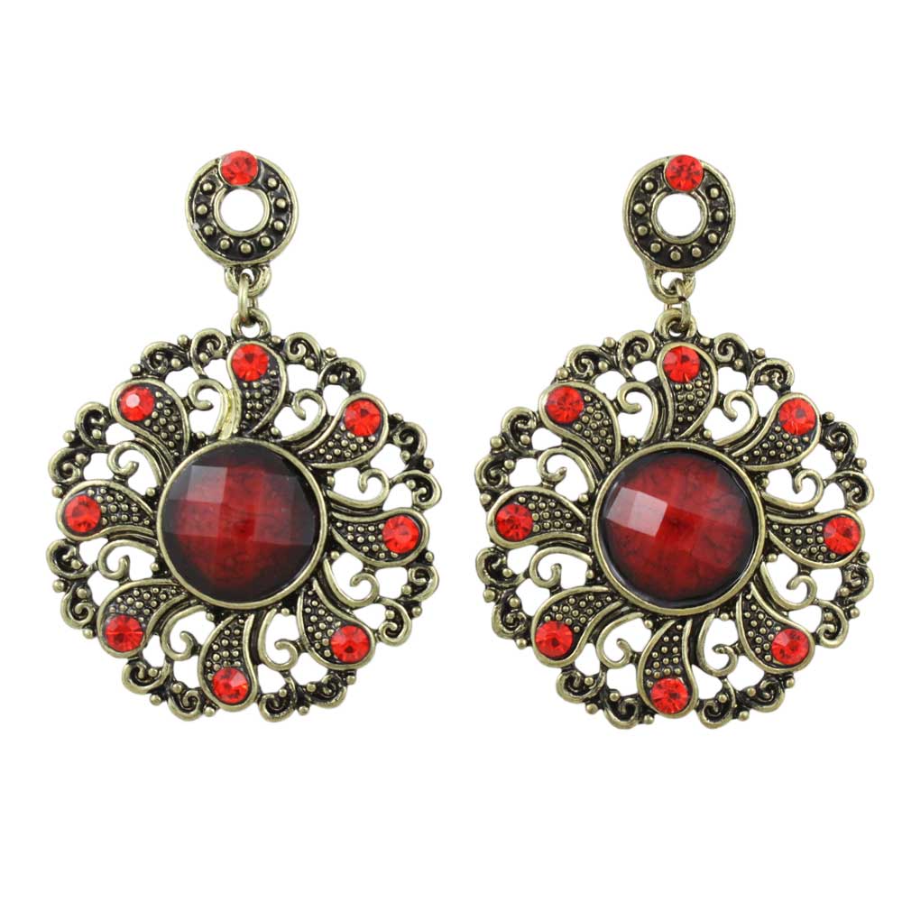 Antique Gold - tone Red Filigree Discs Pierced Earring - REC560 - Lilylin Designs