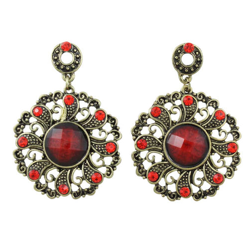 Antique Gold - tone Red Filigree Discs Pierced Earring - REC560 - Lilylin Designs