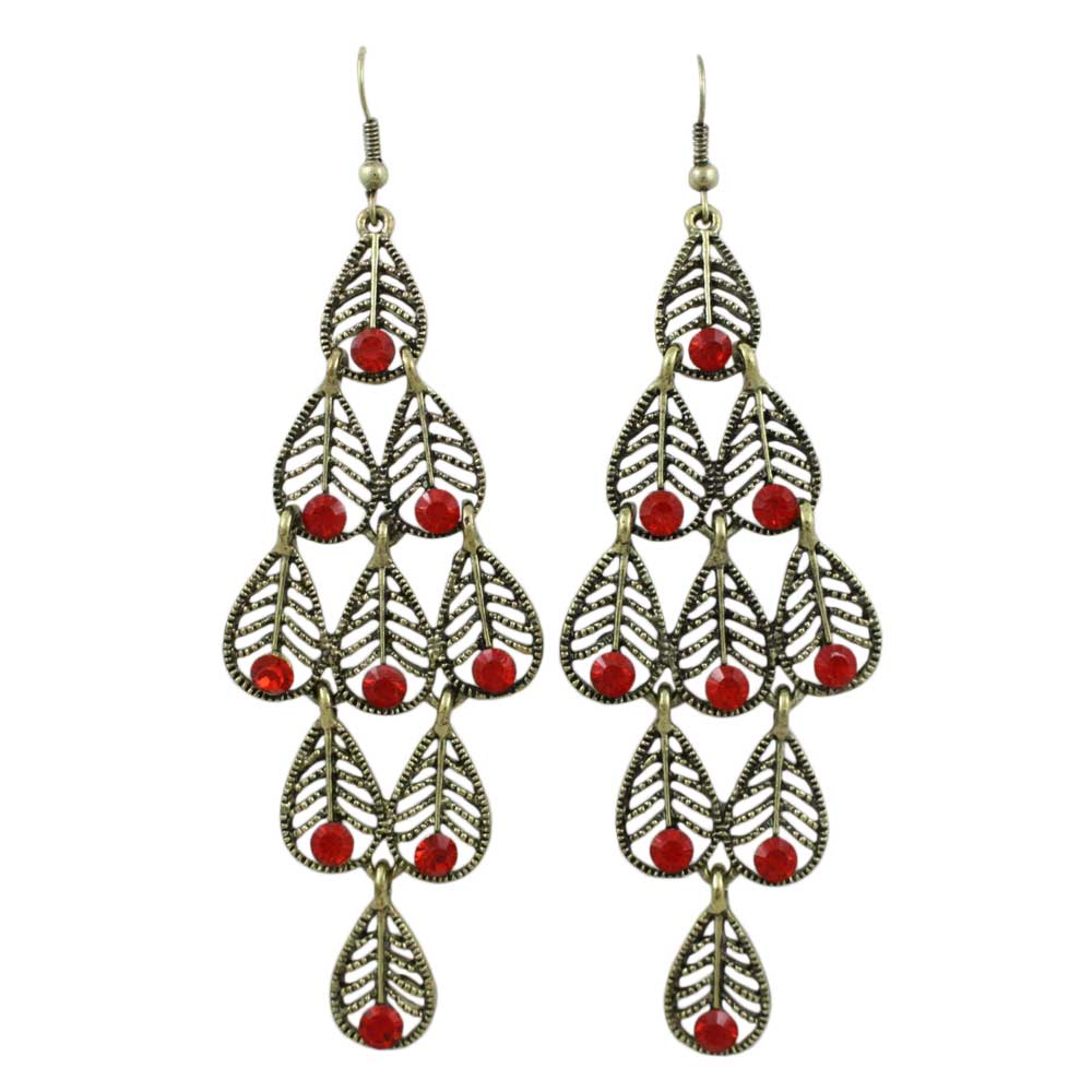 Dangling Filigree Leaves with Red Crystals Earring - REC561 - Lilylin Designs