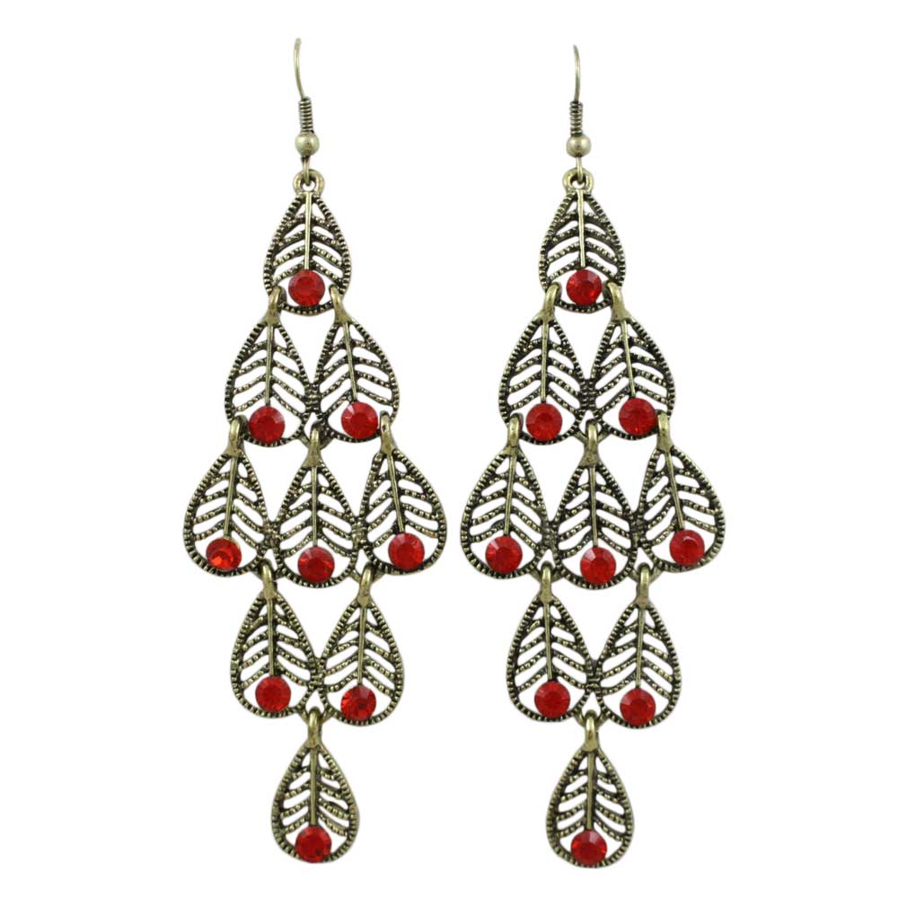 Lilylin Designs Dangling Filigree Leaves with Red Crystals Earring