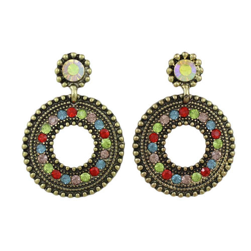 Antique Gold - tone Colorful Crystal Open Circle Pierced Earring - REC562 - Lilylin Designs