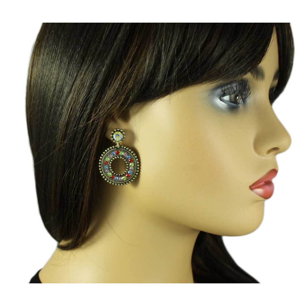 Antique Gold - tone Colorful Crystal Open Circle Pierced Earring - REC562 - Lilylin Designs