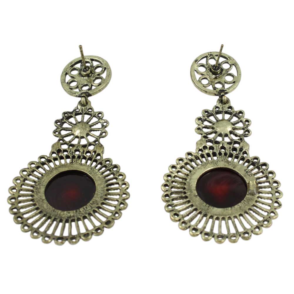 Antique Gold 3 Red Dangling Filigree Discs Pierced Earring - REC563 - Lilylin Designs