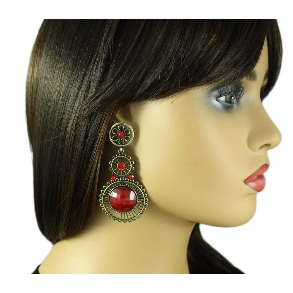 Antique Gold 3 Red Dangling Filigree Discs Pierced Earring - REC563 - Lilylin Designs