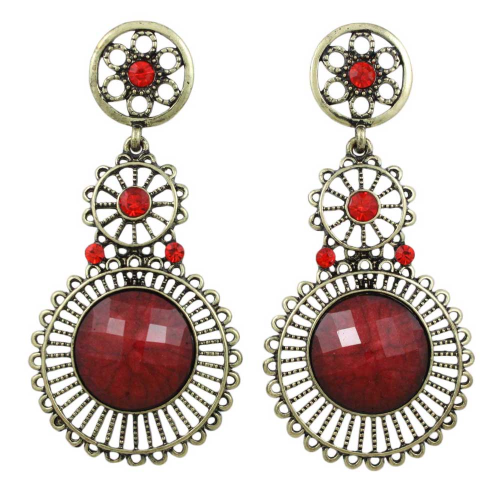 Antique Gold 3 Red Dangling Filigree Discs Pierced Earring - REC563 - Lilylin Designs